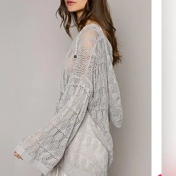 POL new Crochet grey Knit Women's Sweater sz M L $58 - Picture 2 of 5